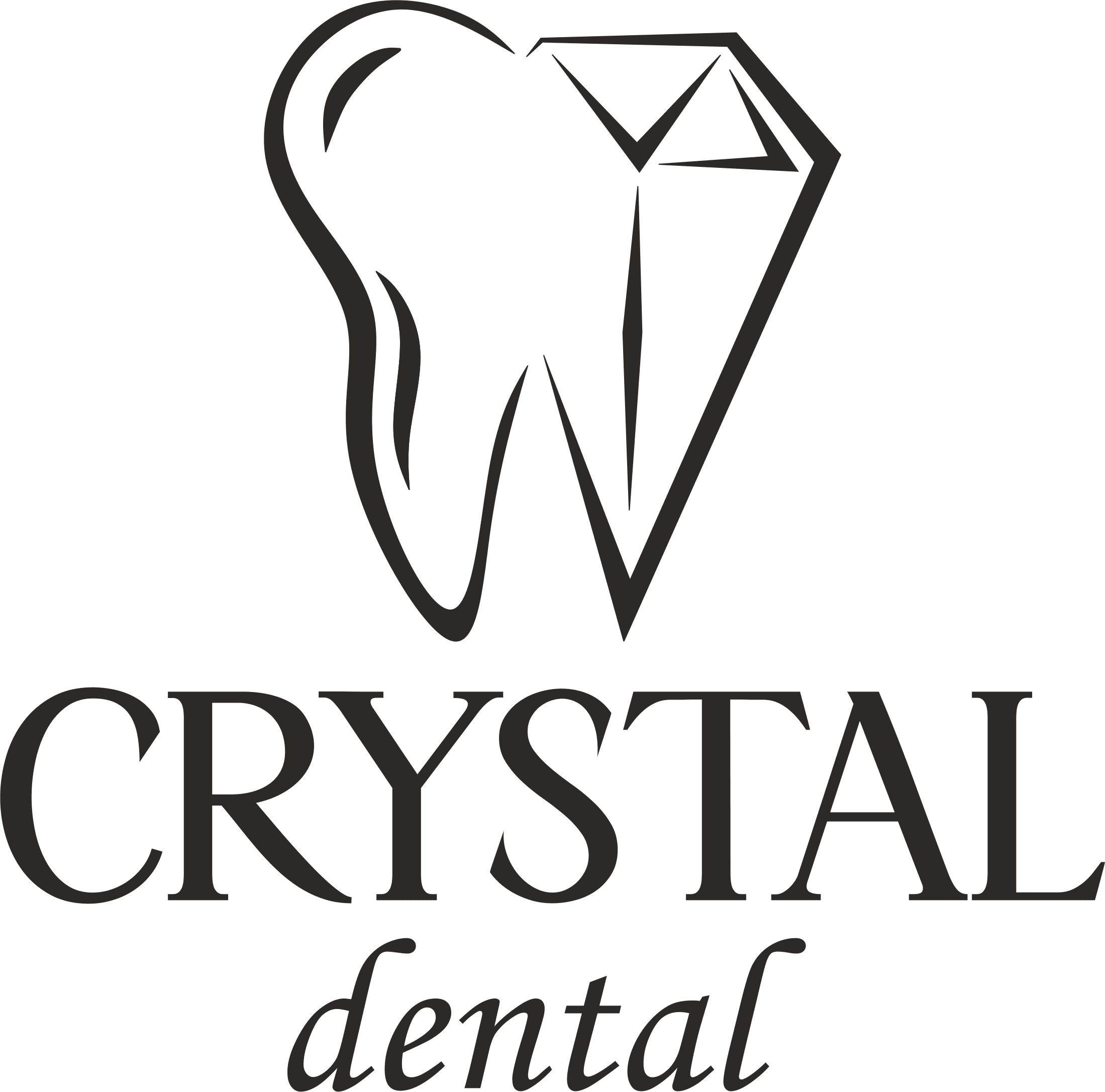 A régi Crystal Dental logó: fekete vonalrajzú fog kristállyal, alatta talpas CRYSTAL felirat és dőlt írott dental